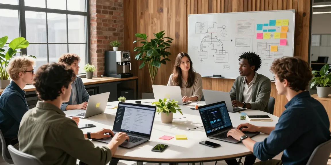 Collaborative workspace with professionals brainstorming about AI startups 2026 in a bright, modern office.