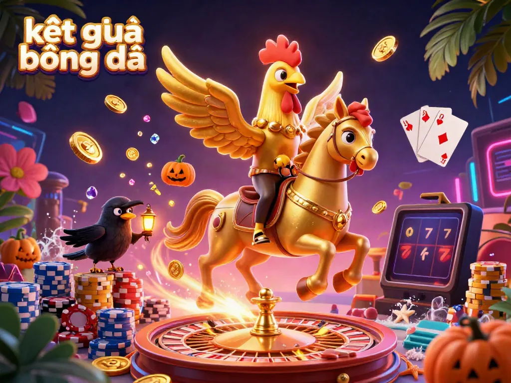 Experience the excitement of kết quả bóng đá with a golden rooster and spectral horse amid cascading coins and neon lights.
