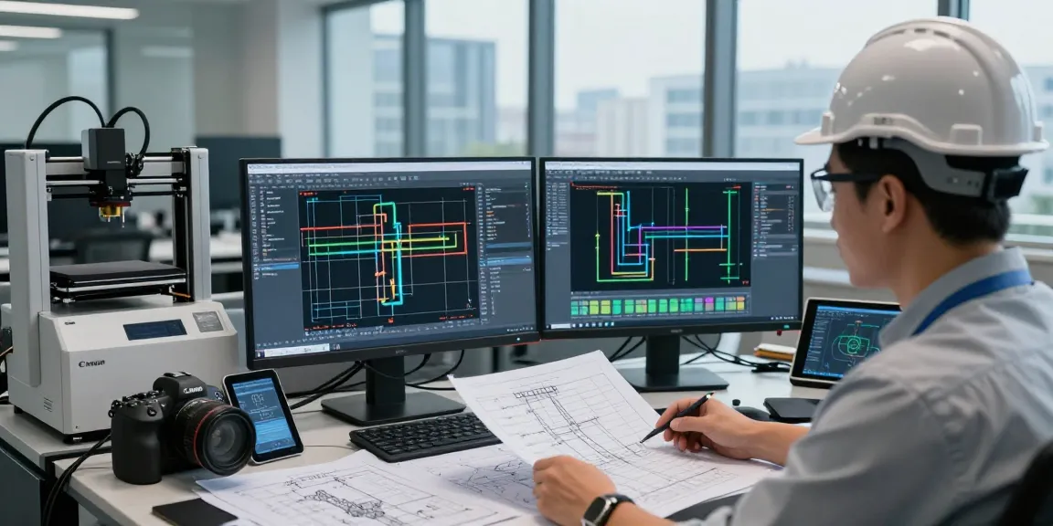 Piping Stress Analysis Canada in a modern engineering office with professionals reviewing CAD designs and technical plans.