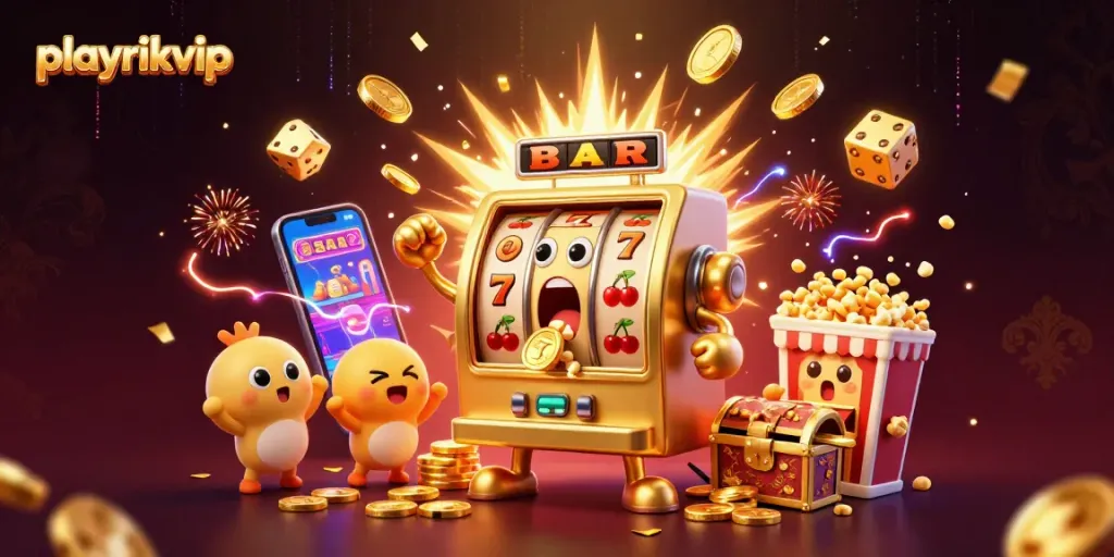 Engage with the playrikvip experience featuring colorful slot machines in a vibrant casino jackpot scene.