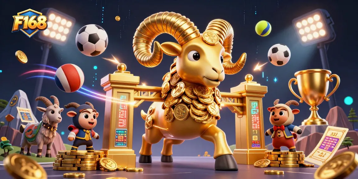 Experience thrilling action at F168 with a cartoon golden ram charging through a dynamic casino scene filled with sports elements.