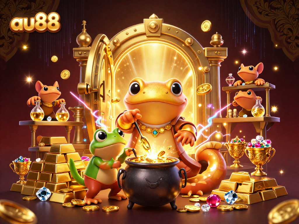 Win gold coins and treasures at au88 with an alchemist in a captivating casino scene.