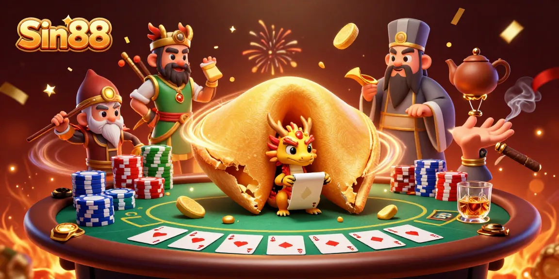 Experience thrilling gambling at Sin88 with vibrant scenes of poker and lucky elements.
