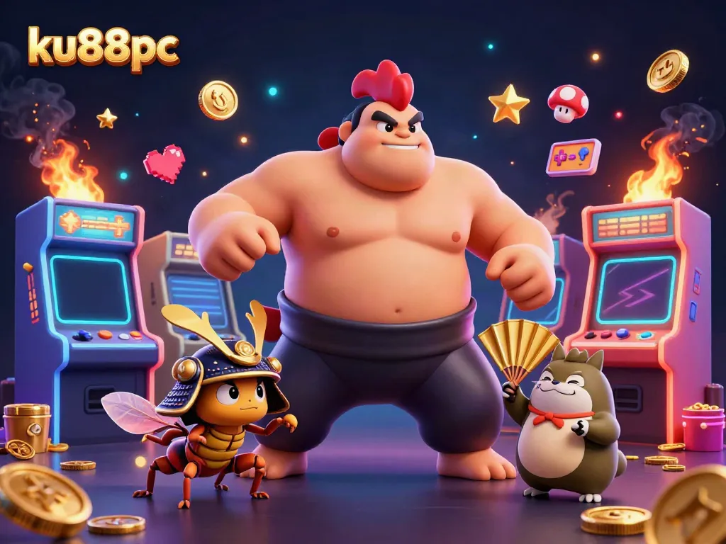 Experience thrilling gaming action at ku88pc with a powerful sumo rooster amid arcade elements.