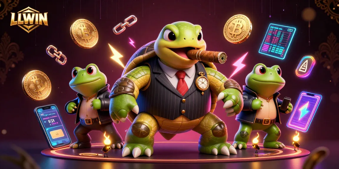 LLWIN showcases a vibrant casino scene with a snapping turtle in a vintage suit surrounded by crypto elements.