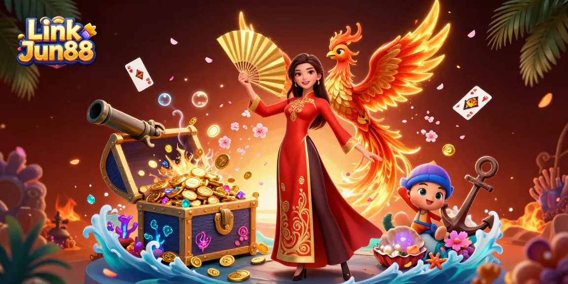 Engage with Link Jun88 through vibrant casino-themed visuals, featuring a stunning woman and phoenix amidst rich gaming elements.