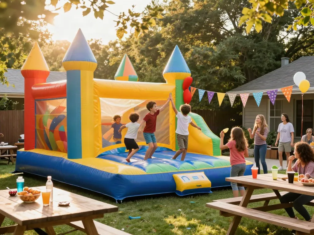 Children enjoying a bounce castle at a lively backyard party filled with summer energy