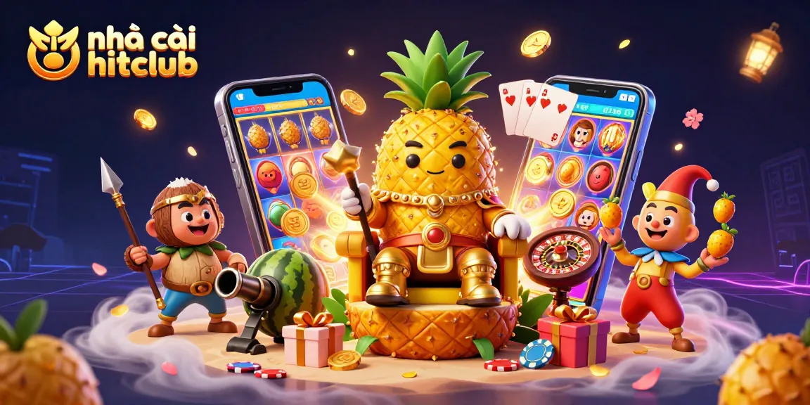 Experience thrilling gaming action at nhà cái hitclub with vibrant 3D imagery of a casino scene featuring a pineapple king and more.
