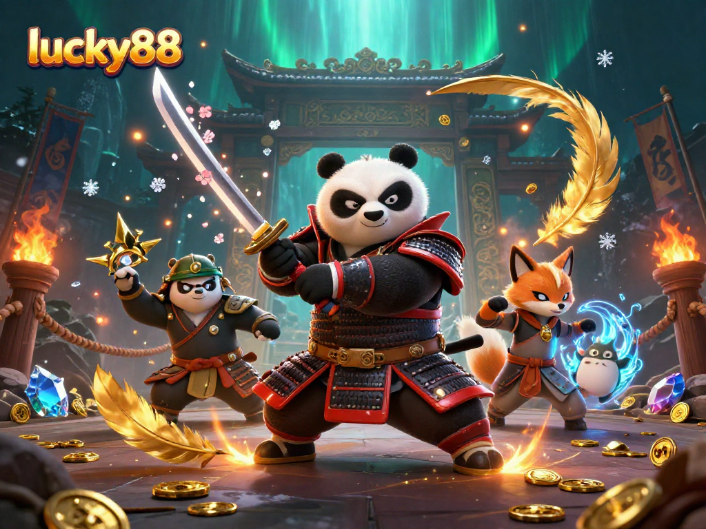 Experience the excitement of lucky88 with a dynamic illustration featuring casino-themed samurai, ninja, and magical spirit.