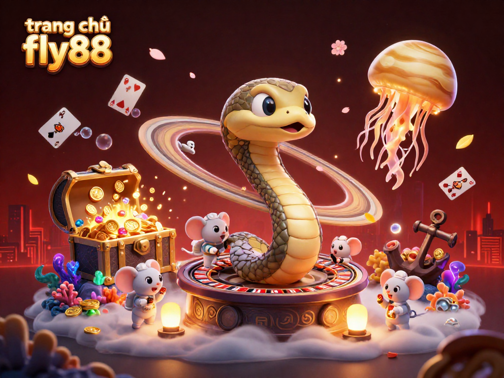 Experience thrilling action at trang chủ fly88 with a vibrant 3D casino scene of betting astronauts and a cosmic dealer.