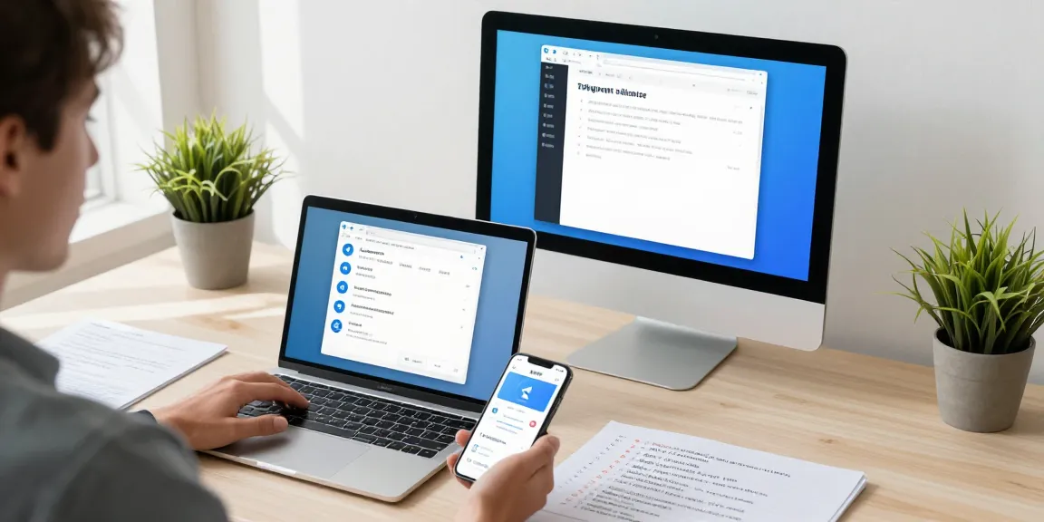 Engaging with Telegram中文 on various devices at a modern desk.