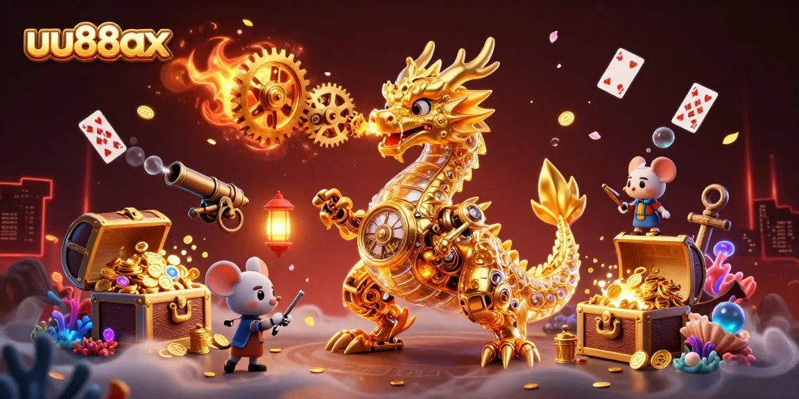 Experience the thrill of uu88ax with a 3D dragon unleashing golden treasures in a vibrant casino scene.