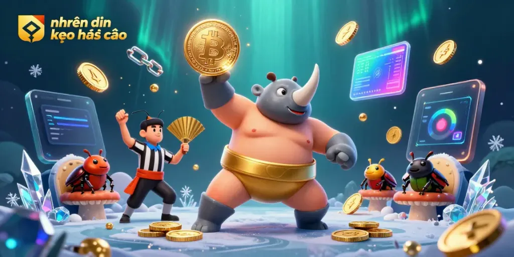 Witness the nhận định kèo nhà cái dynamic scene with a beetle champion amidst flying coins and crypto elements.