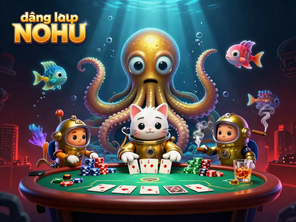 Play exciting games at đăng nhập NOHU featuring a vibrant kraken and diving cat in a treasure-filled casino atmosphere.
