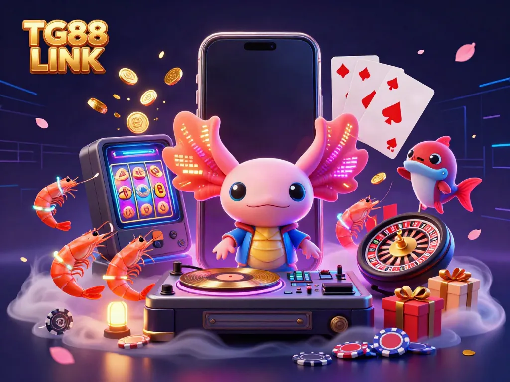 Experience the excitement of gambling with TG88 LINK featuring a vibrant casino scene filled with characters and game elements.