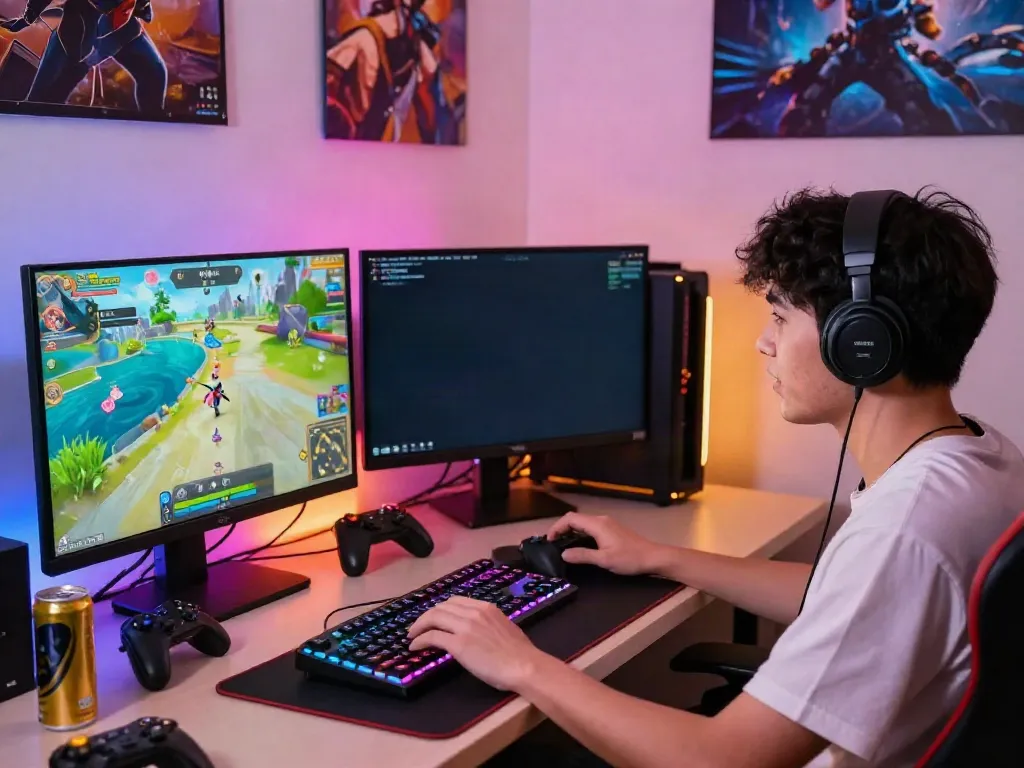 Engaging gaming scene at https://du88az.net/ with a player focused on a live stream and vibrant gaming setup.