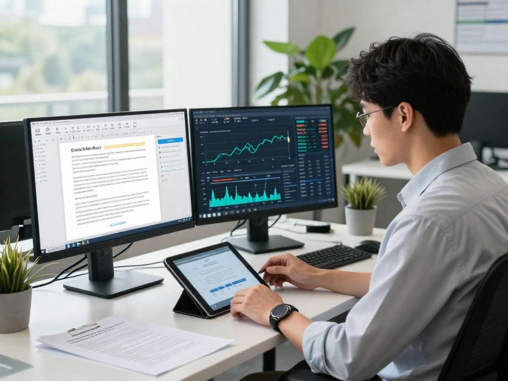 Document fraud detection analysis in a modern office environment with screens displaying data and metrics.