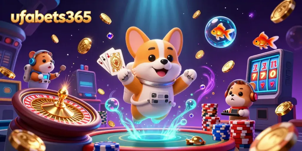 Experience excitement at ufabets365 with a playful astronaut corgi in space featuring a vibrant casino scene.