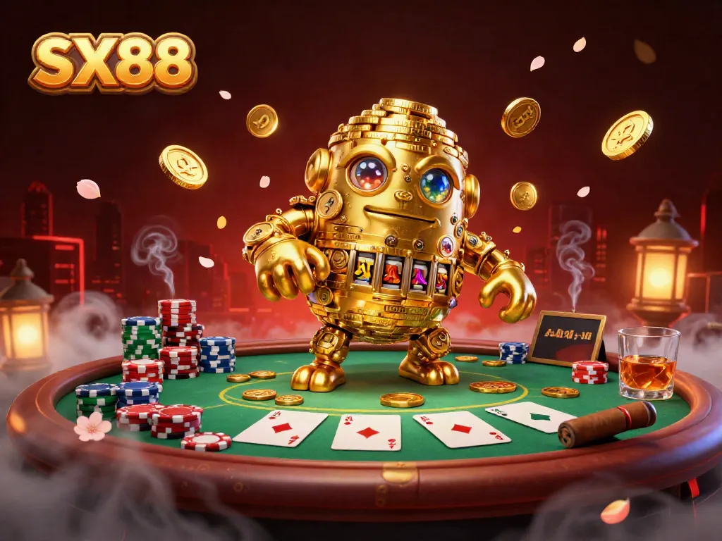 Engage in exhilarating gameplay at SX88 with vibrant poker elements surrounding a golden golem mascot.