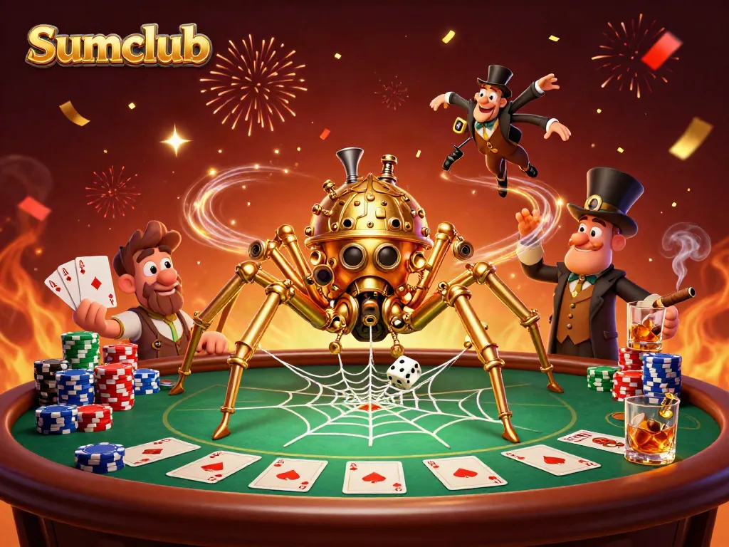 Play thrilling games at Sumclub, featuring a dynamic 3D scene with steampunk characters and poker elements.