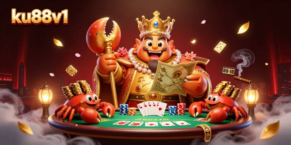 Experience ku88v1's exciting atmosphere with a golden crab emperor amidst vibrant poker games and treasures.