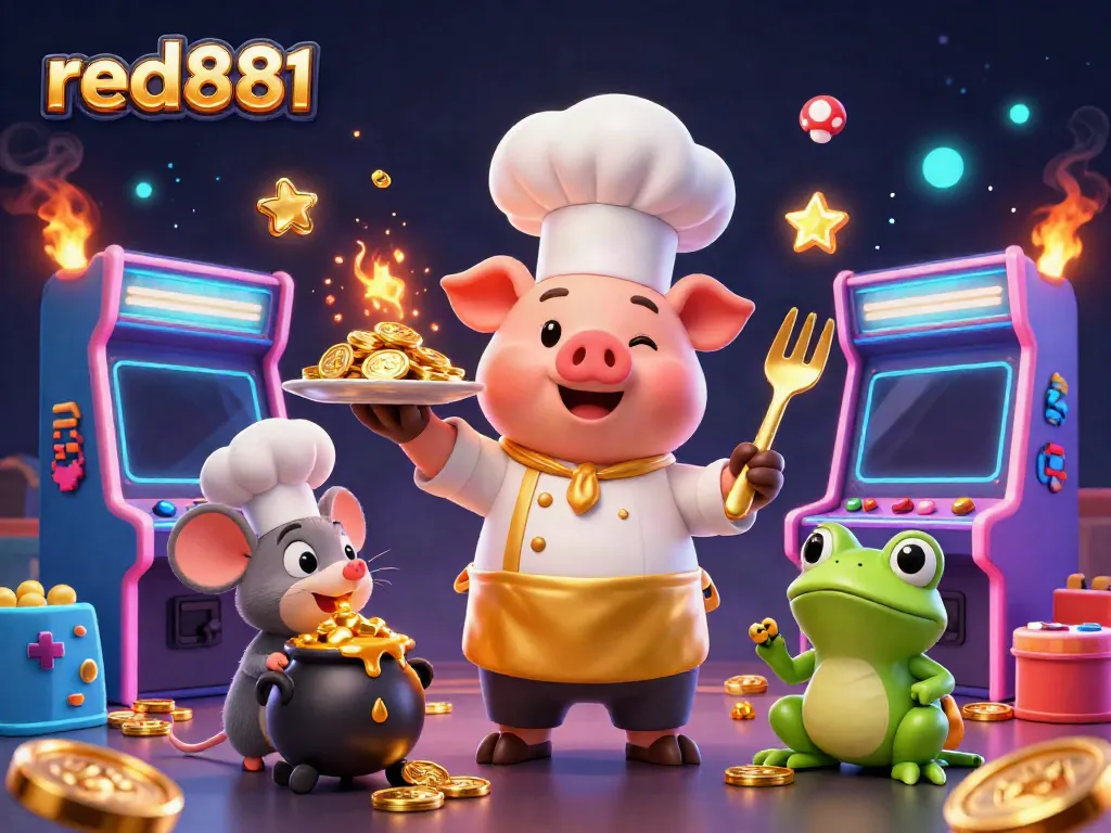 Engage with red881's vibrant casino atmosphere featuring pig chef and playful characters.