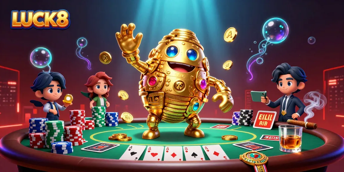 Win with LUCK8's dynamic gaming scene featuring a golden golem and vibrant poker elements.