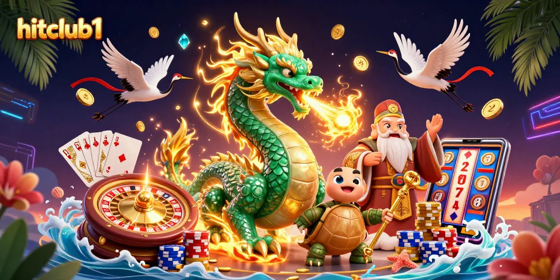 Spin and win at hitclub1 with an enchanting dragon and lucky cranes amidst vibrant casino elements.