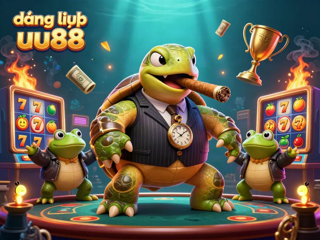 Embrace action at đăng nhập uu88 with a dynamic casino illustration showcasing a turtle mobster and bullfrog enforcers.