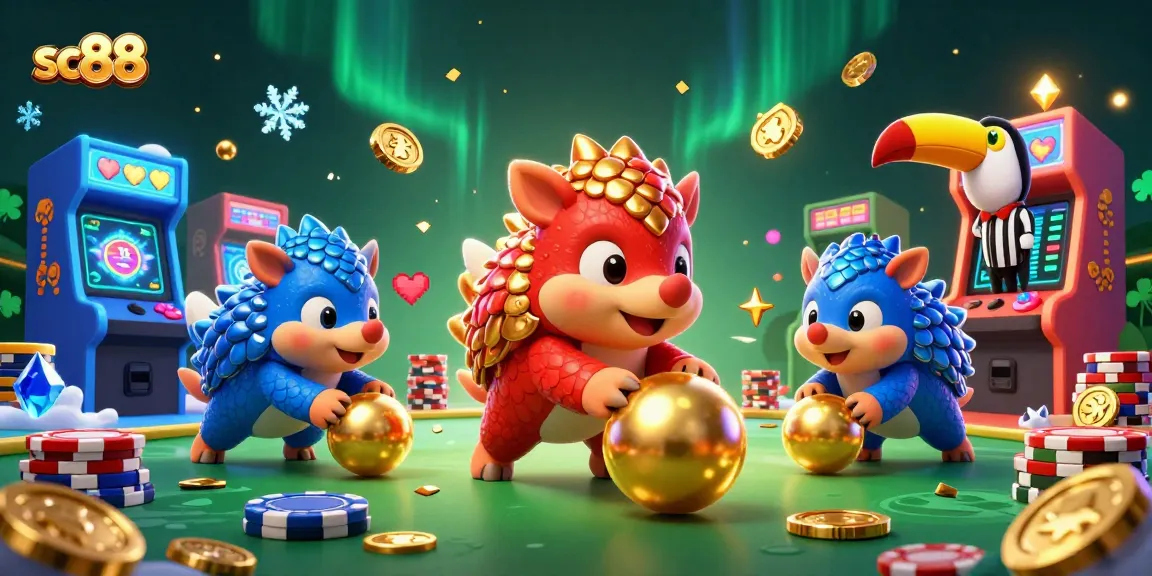 Watch rival pangolins compete in sc88's thrilling casino game, rolling through poker chips with a vibrant atmosphere.