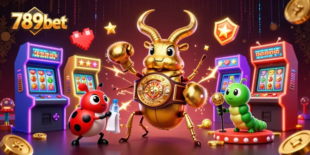 Win big with 789bet as a giant beetle champion faces off in a vibrant casino-themed showdown.