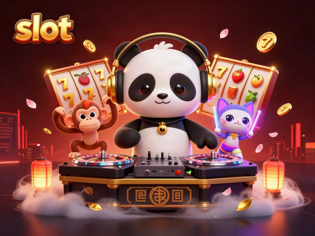 Experience thrilling slot action with a DJ panda and dancing characters in a vibrant casino scene.