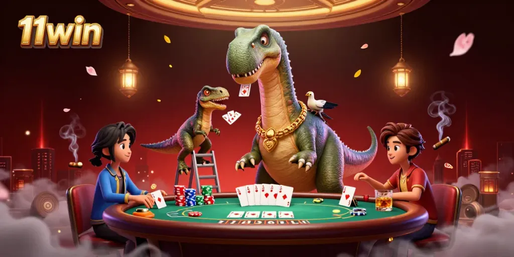 Experience thrilling card games at 11win with a fun brontosaurus dealer in an exciting casino setting.