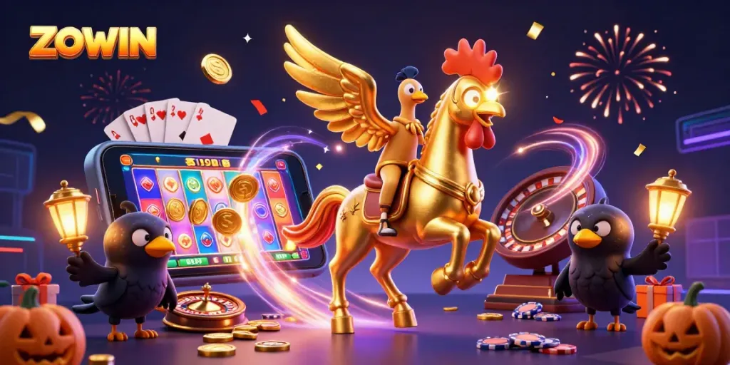 ZOWIN entices players with vibrant casino adventures featuring golden rooster characters and dynamic slot games.
