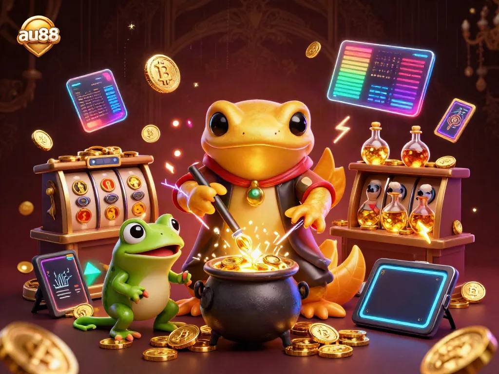 Experience thrilling gaming at au88 with a dynamic illustration of a golden salamander alchemist and gold coins.