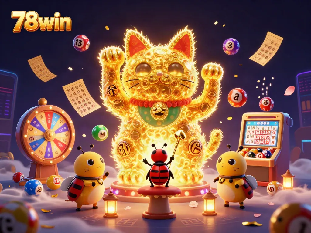 Engage in thrilling fun with 78win's lucky cat and vibrant casino elements in this colorful illustration.