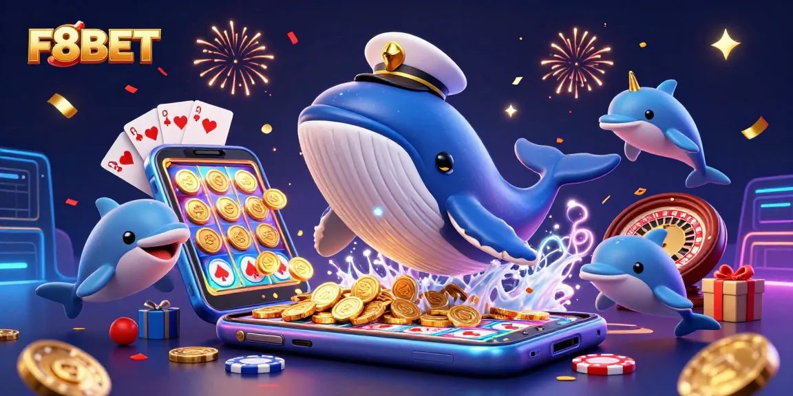 F8BET engages players with a vibrant casino scene featuring animated ocean characters and gaming elements.
