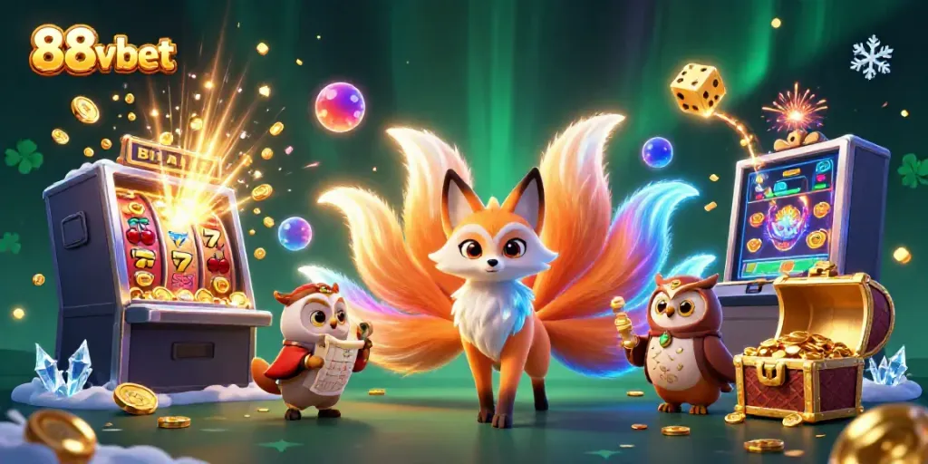 Engage with 88vbet's thrilling slot experience featuring a vibrant fox spirit and owl amidst a jackpot explosion