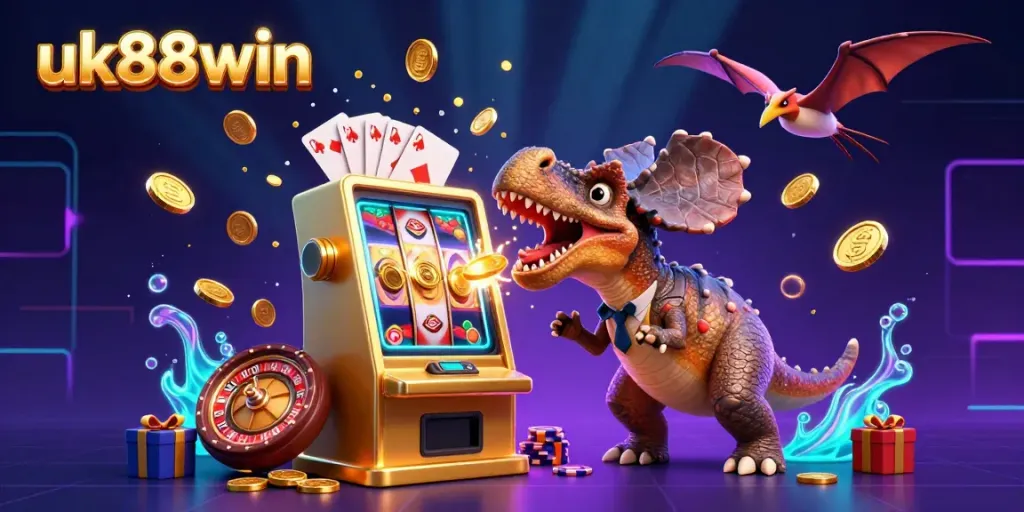 Experience thrilling wins at uk88win as a playful pachycephalosaurus triggers a jackpot, surrounded by coins and vibrant casino elements.