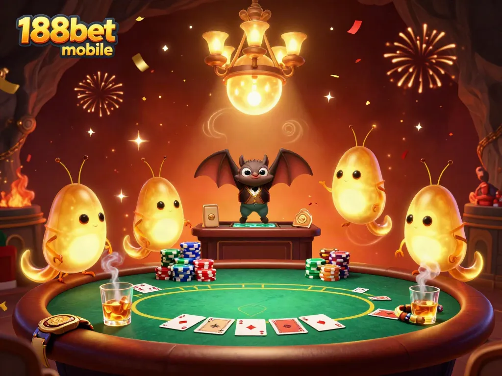 Experience the excitement of 188bet mobile with glowworms lighting a vibrant casino-themed scene.