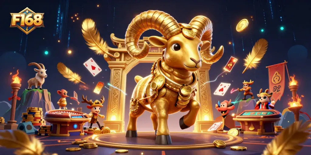 Bet on F168 with a 3D ram scene depicting a lively live casino atmosphere, featuring cards and roulette.