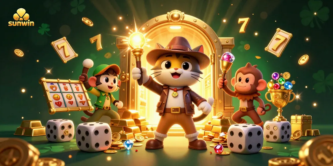 Win at Sunwin with 3D explorer cat and monkey amidst sparkling casino treasures.